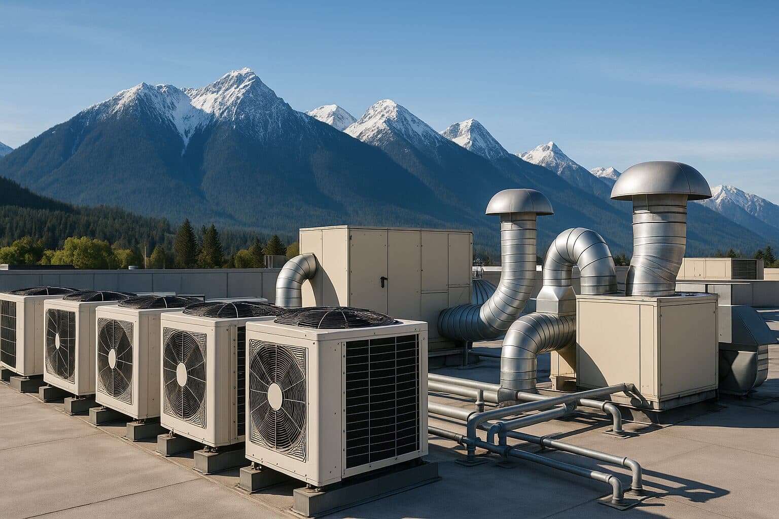 Commercial rooftop HVAC units with mountains in the background