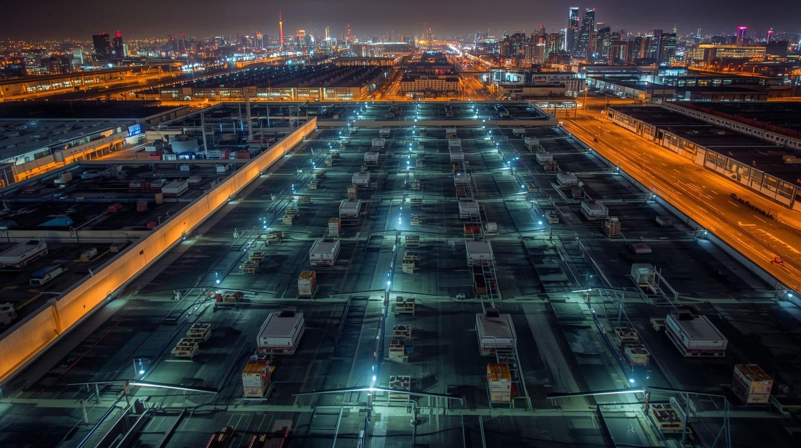 Aerial view of commercial rooftop HVAC units at night